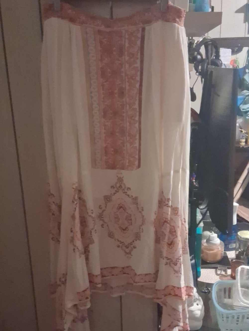 Cato Cream Asymmetrical Boho Skirt with Rust-Pink Embroidery